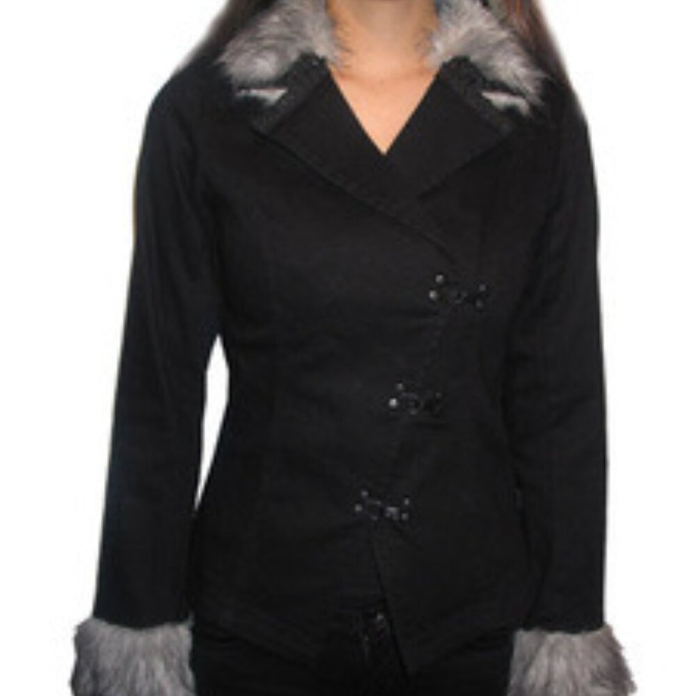 Tripp NYC Y2k Goth Jacket black Denim Faux Fur Collar Cuffs AS NEW - Picture 8 of 8
